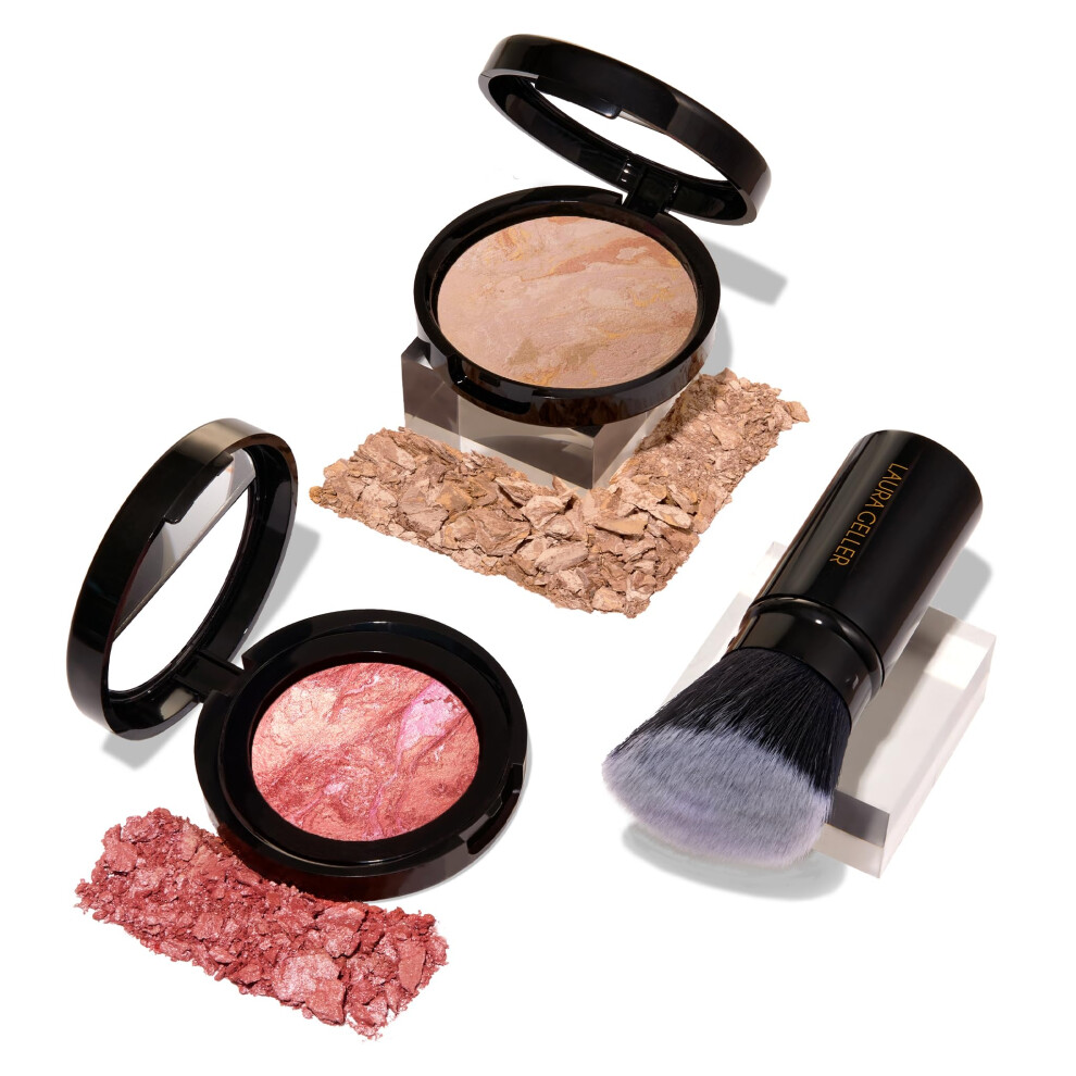 LAURA GELLER NEW YORK Blush-n-Balance 3pc Kit Baked Balance-N-Brighten Color Correcting Foundation, Fair + Retractable Kabuki Brush + Baked Blush-N-Br