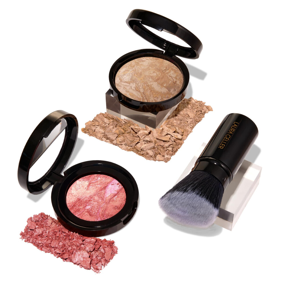 LAURA GELLER NEW YORK Blush-n-Balance 3pc Kit Baked Balance-N-Brighten Color Correcting Foundation, Medium + Retractable Kabuki Brush + Baked Blush-N-