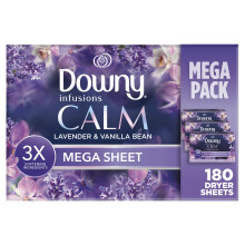 Downy Infusions Mega Dryer Sheets Laundry Fabric Softener CALM Lavender and Vanilla Bean 180 Count 3 box of 60 sheets