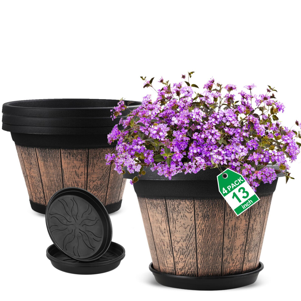 Quarut Large Plastic Plant Pots Set of 4 Pack13 inch Whiskey Barrel Pl