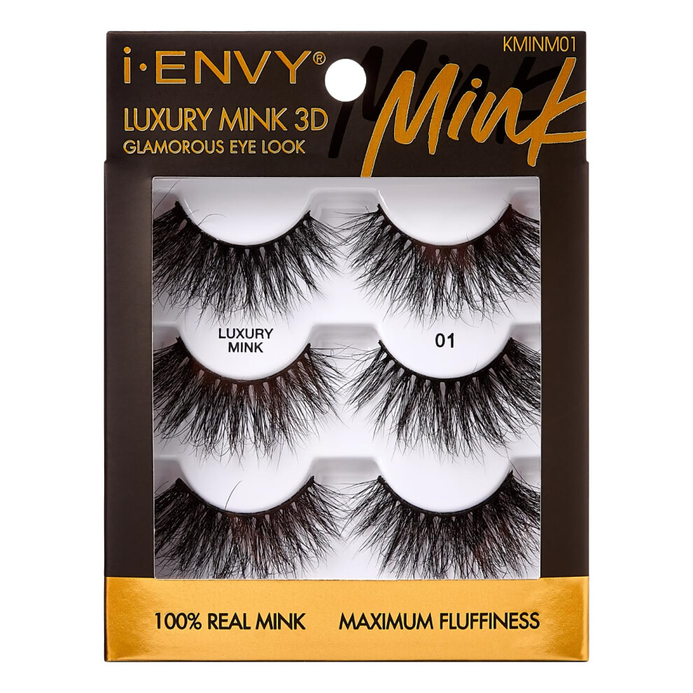 Ienvy I-Envy False Lashes Mink 3D Lashes Value Pack Real Mink Maximum Fluffy Wispy Luxury Glamorous Natural Look Reusable Eyelashes (01)