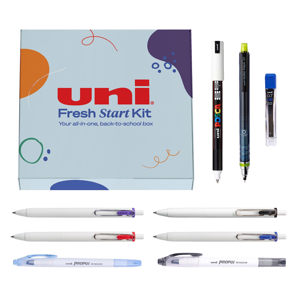 Uniball & Posca Fresh Start Kit | Back to School Supplies | Gel Pens  Clear Window Highlighters  Posca Markers  & Kuru Toga Mechanical Penci