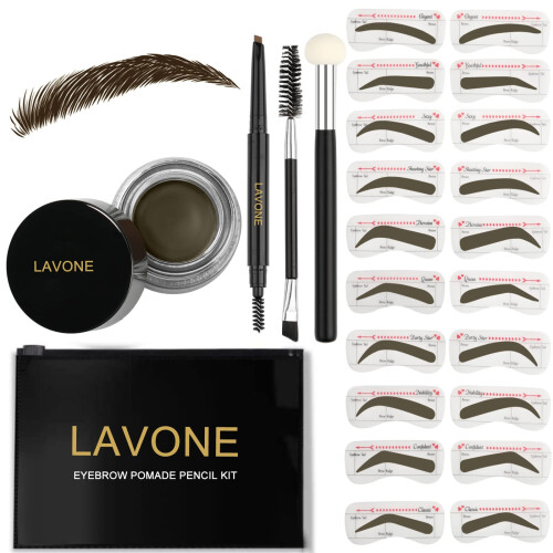 LAVONE Σετ Στένσιλ για Φρύδια με Σφραγίδα, Υδατοαπωθητικό Μολύβι και Πομάδα