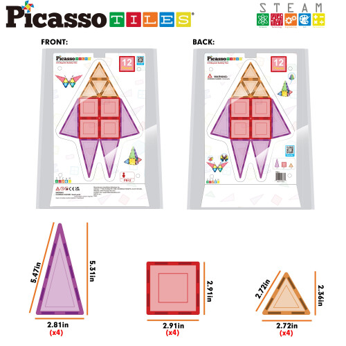 PicassoTiles Σετ Μαγνητικών Κεραμιδιών 12τμχ Γεωμετρικά Σχήματα STEM 2