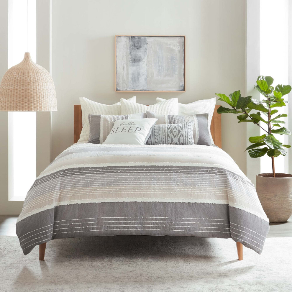 Levtex Home - Ensemble de couette Santander - Couette King + Deux taies d'oreiller King - Gris Beige Blanc - Jacquard - Couette (106 x 94 po) et