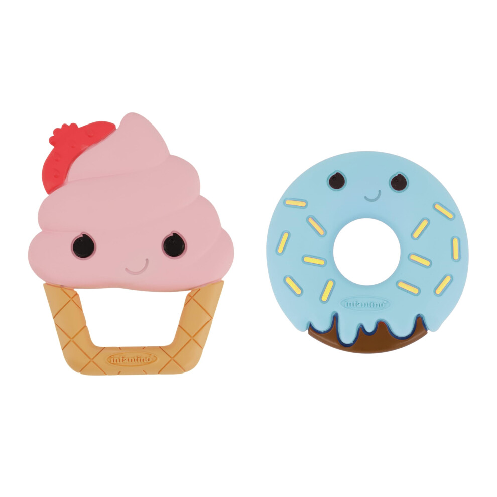 Lot de 2 anneaux de dentition en silicone textur   s Sweet Tooth d'Infantino, motif cr   me glac   e et beignet