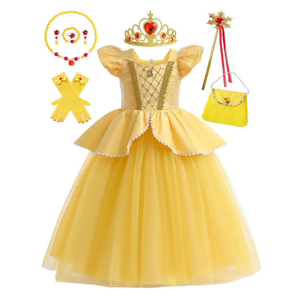 Robe de princesse Belle pour filles Hulaha Costume de f   te jaune pour enfants D   guisement Belle pour filles avec accessoires de bijoux 9-10 ans