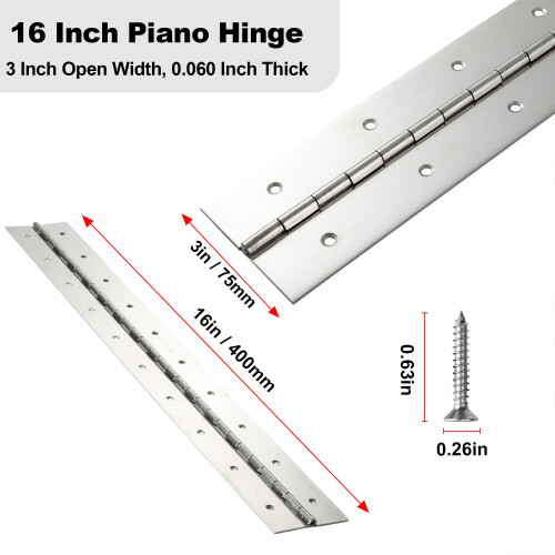 Hinge Piano Reforçado 16 Polegadas x 3 Polegadas, Aço Inoxidável 0.060'' para Armários e Caixas 1