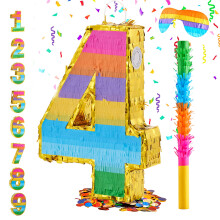 MUWOOB Rainbow Number 4 Pinata para decoraes de festa de 4 aniversrio Pinata de aniversrio com venda em basto e confete Fiesta de comemora