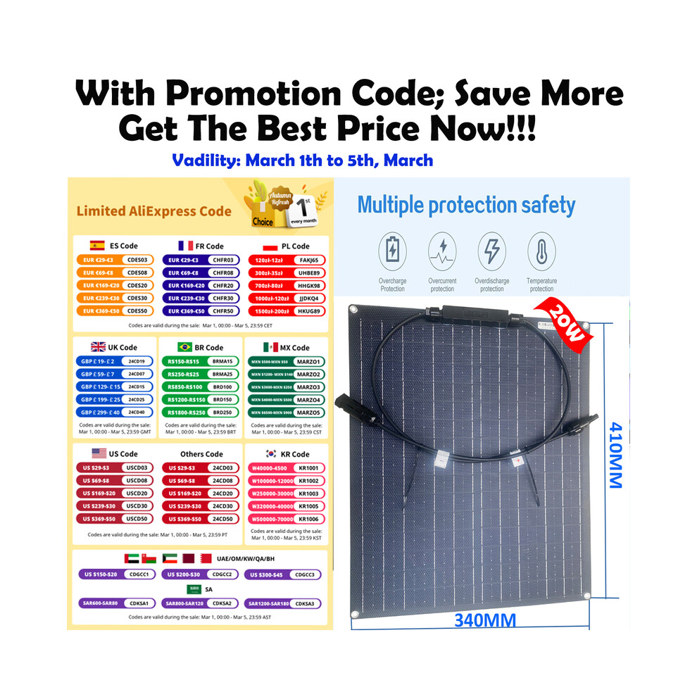 (L410mm W340mm) Solar Panel 20w 18V Flexible Portable ETFE Film Coating For 12V Battery Charger Car or Camping Phone Charge