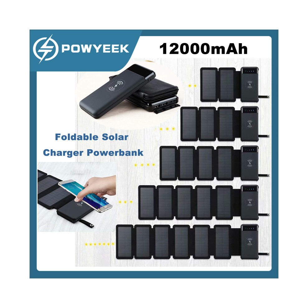 Maxpower (5Pc Solar Panels) 12000Mah Foldable Solar Charger Powerbank Wireless Power Bank Portable External Battery Pack For Iphone 11 12 X Xiaomi Poverbank