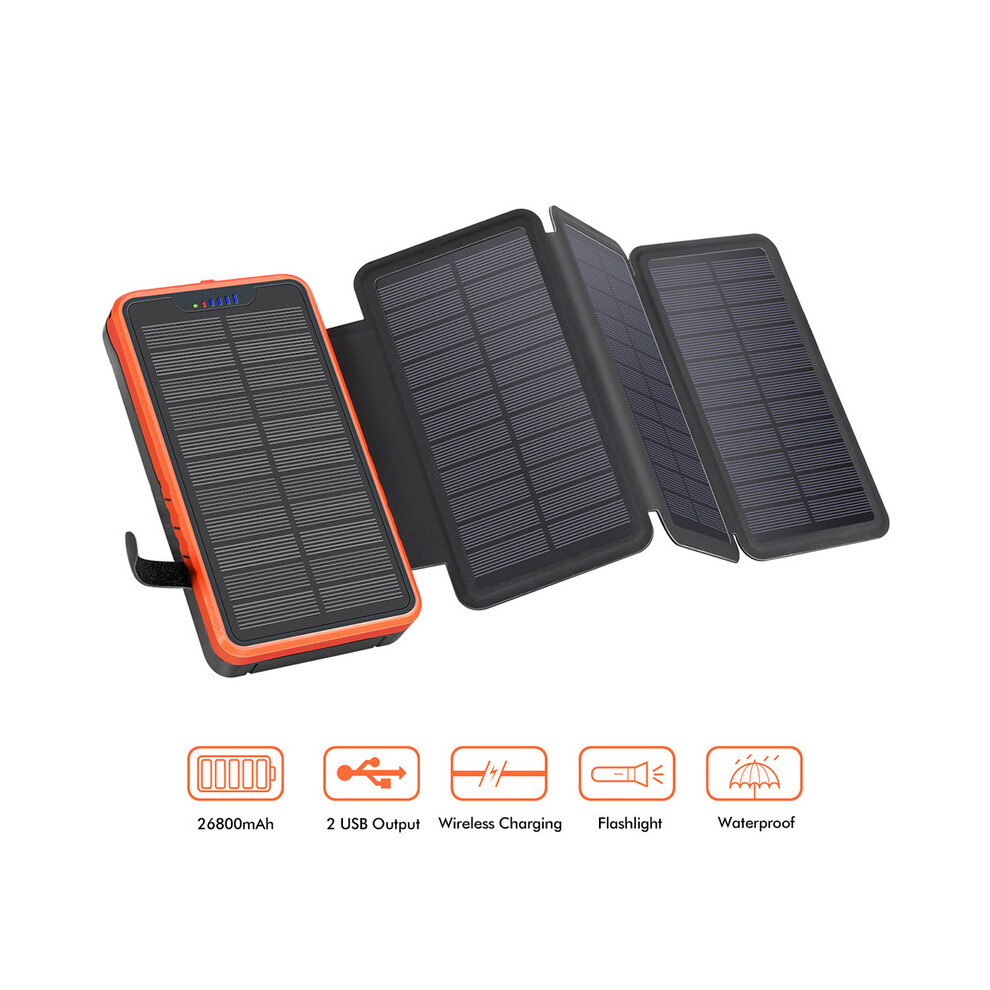 Maxpower (Orange) Foldable Solar Power Bank 26800Mah External Battery Fast Charge Waterproof Powerbank With Flashlight For Xiaomi Iphone Poverbank Orange