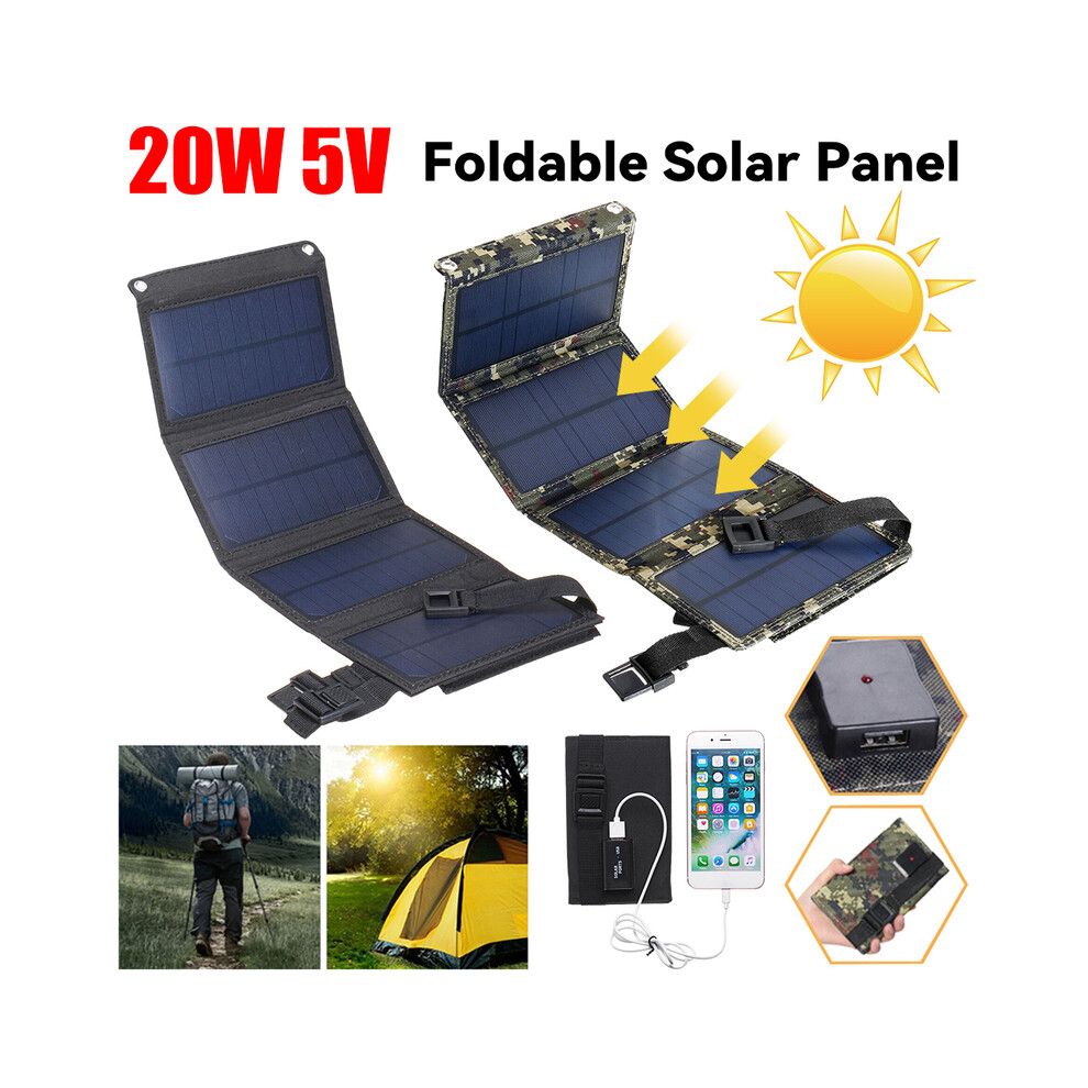 (Black) 20W Foldable Solar Panel Portable Solar Panels Charger USB 5V USB Solar Panel Battery Cells Phone Charger for Camping Hiking