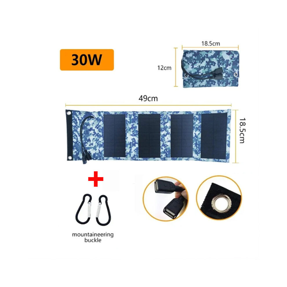 (camouflage blue 30W) 30W Foldable Solar Panels Portable 4-fold Waterproof 5V USB Solar Cells Phone Charger Power Bank for Outdoor Camping Accessories