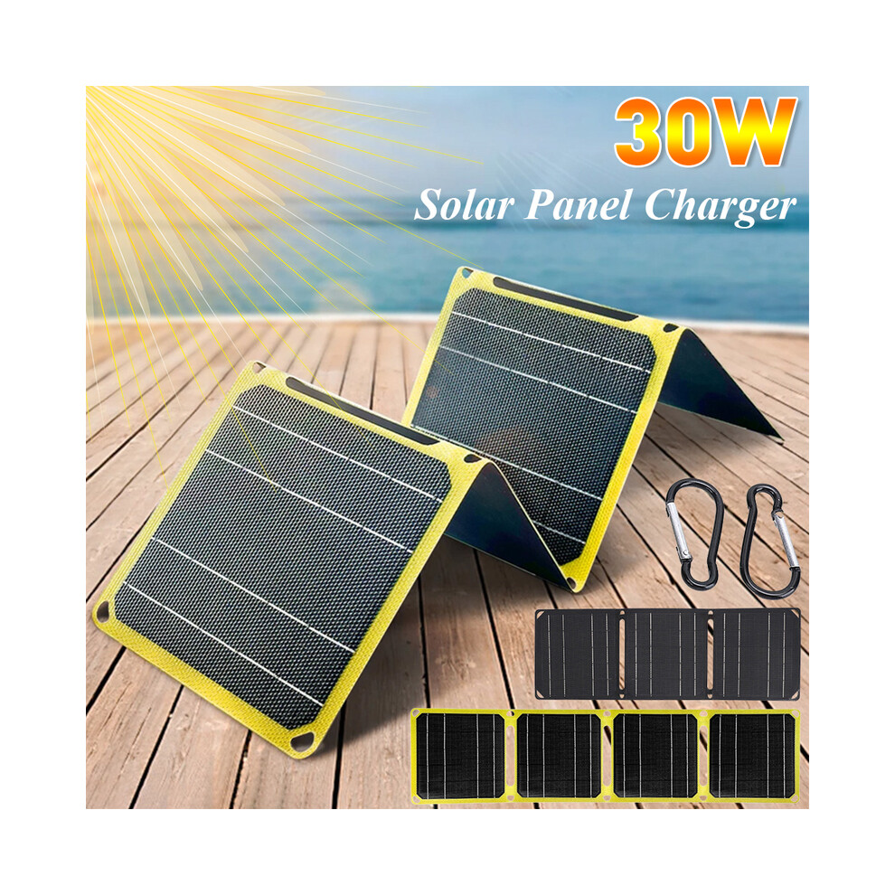 (Black 3 fold) 30W Foldable Solar Panel Phone Charger Power Bank Waterproof Portable Battery Charger Outdoor Camping Folding Bag Solar