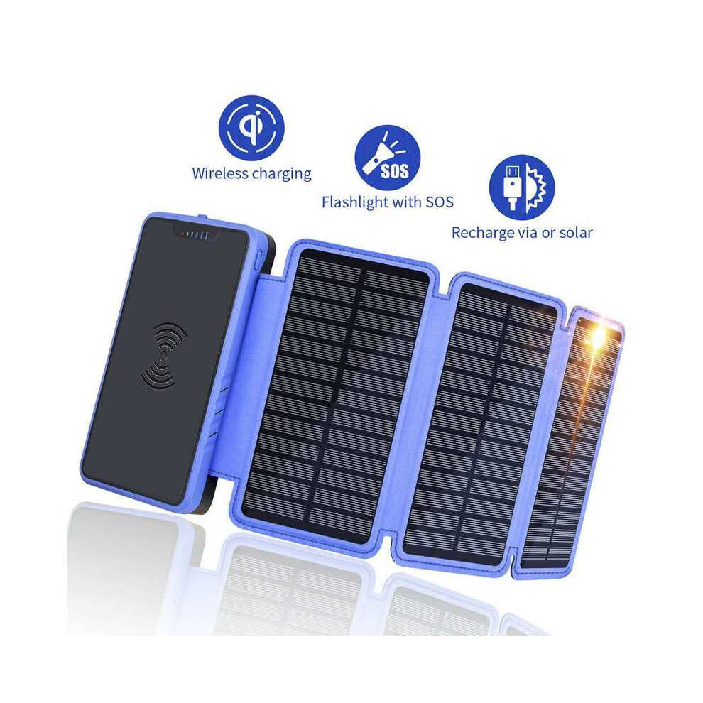 (20000mah Orange) 20000mah Waterproof Wireless Charging Solar Power Bank Portable Power Battery for Phone with Foldable 4.5W Solar Panel +