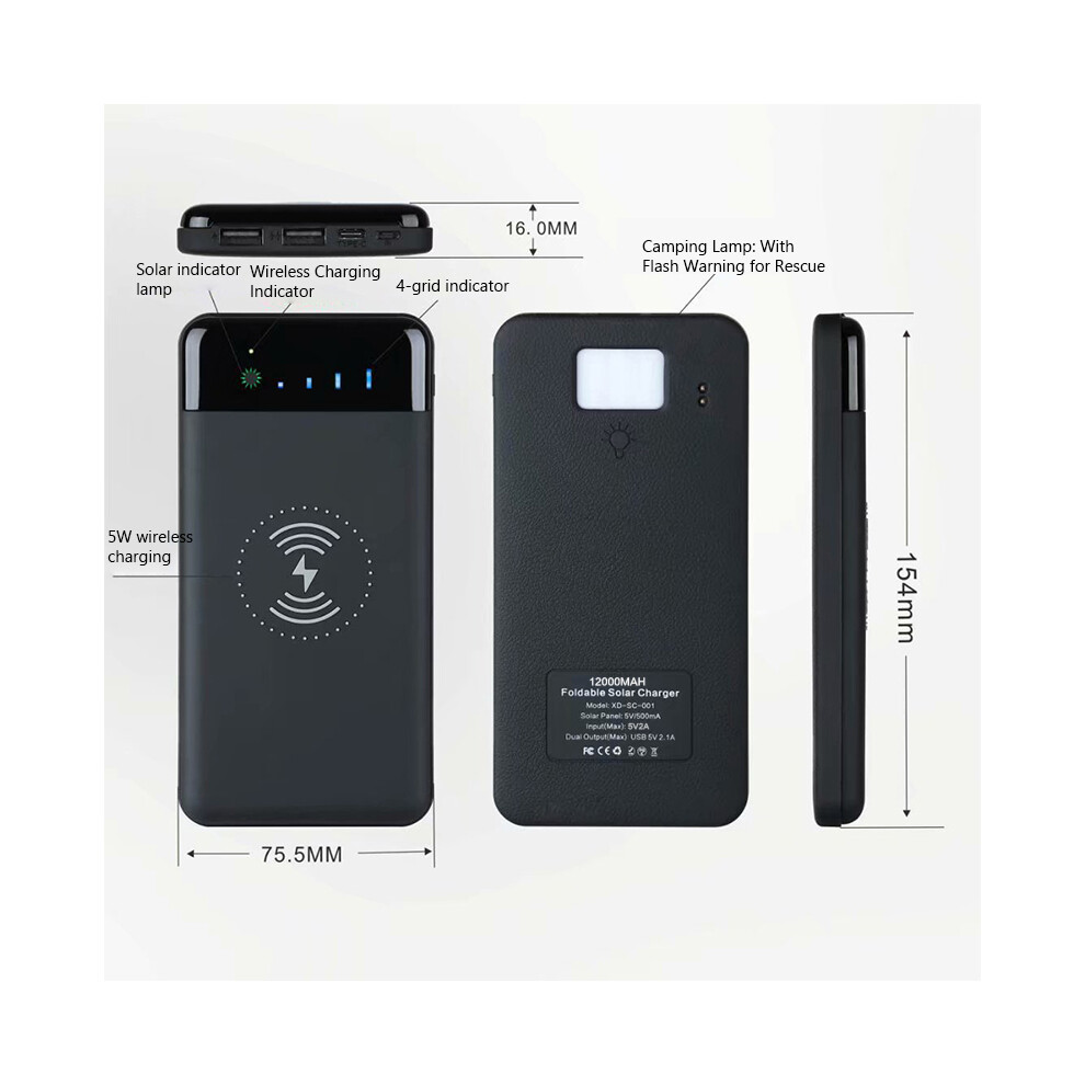 (4pc Solar panels) 12000mAh Wireless Power Bank Foldable Solar Charger Powerbank Portable External Battery Pack for iphone 11 12 X Xiaomi Poverbank
