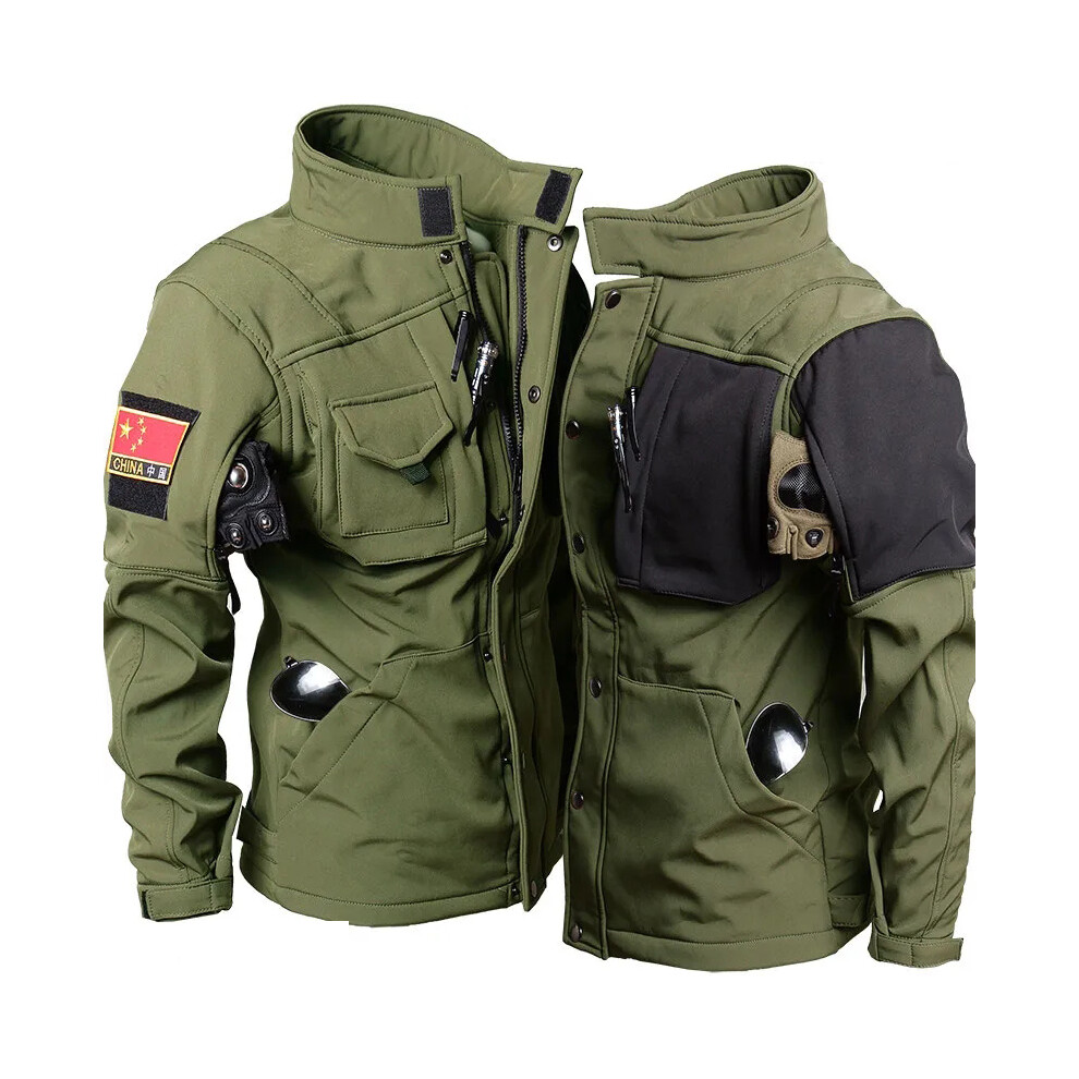(Green jacket, XL 70-78kg) Military Fleece Warm Sets Men Shark Skin Soft Shell Tactical Jacket+Army Cargo Pant 2 Pcs Suits Outdoor Windproof Waterproo
