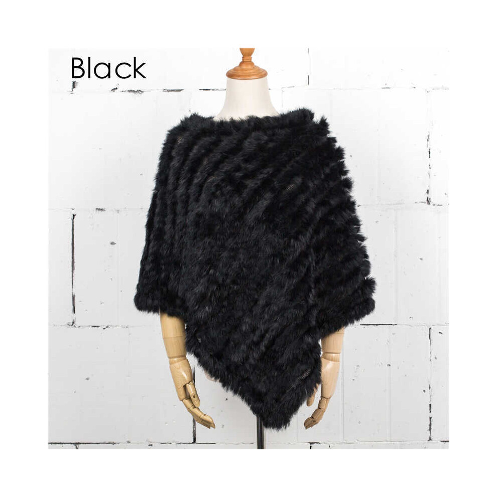 (Black, One Size) Women Knit Rabbit Fur Shawl Poncho Cape Robe Tippet Wrap Female Girl Warm Coat Jakcet CK701