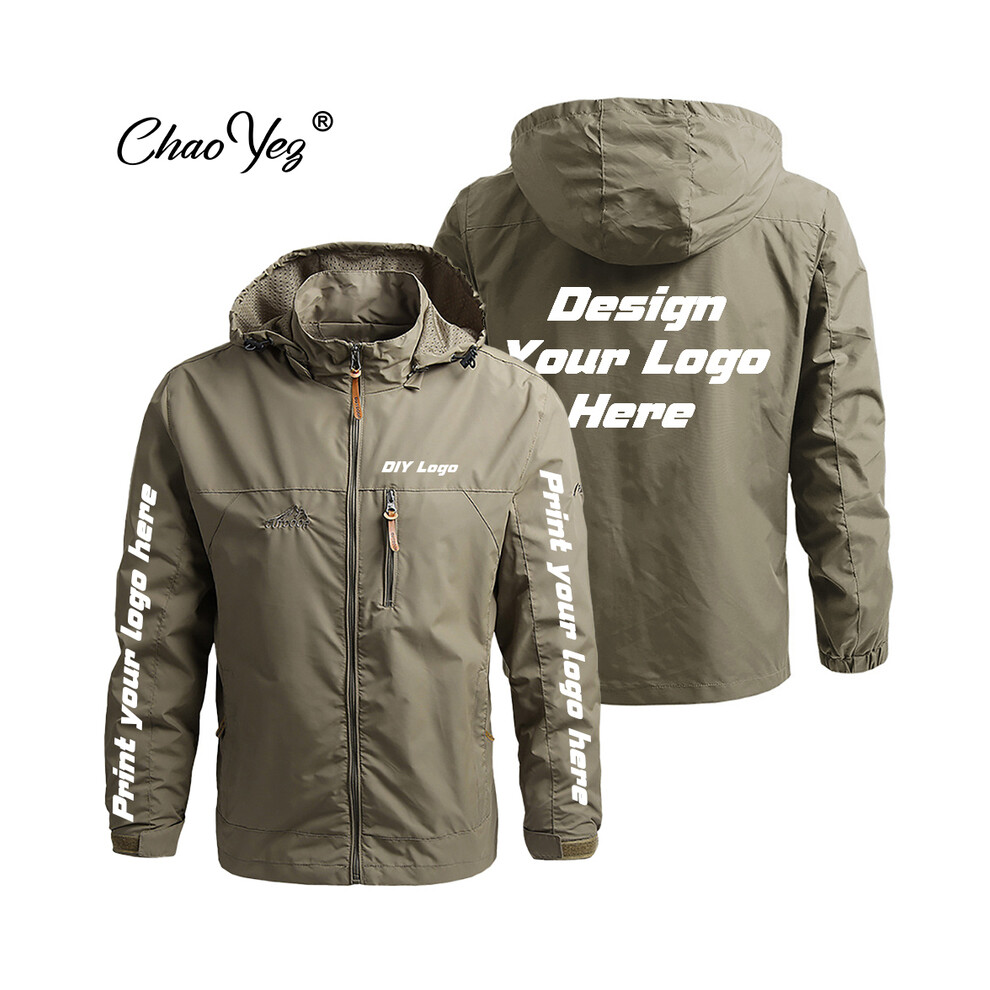 (Khaki, M (EU S)) DIY Autumn New Men Waterproof Hooded Custom Logo Windbreaker Jacket Coat Men Casual Outdoor Hiking Jacket Male Coat-image-OPC-PG9KW7S-NEW