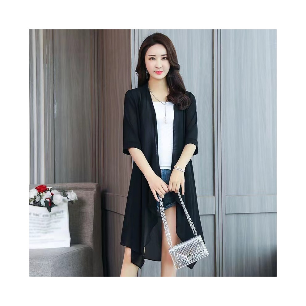 Maxpower (Black, Xxl) Summer Chiffon Shirt, Medium Length, Ultra-Thin Coat, Sun Protection Suit, Solid Color Shawl Cardigan