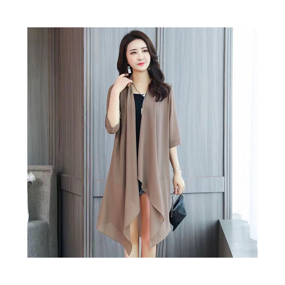 Maxpower (Camel, L) Summer Chiffon Shirt, Medium Length, Ultra-Thin Coat, Sun Protection Suit, Solid Color Shawl Cardigan