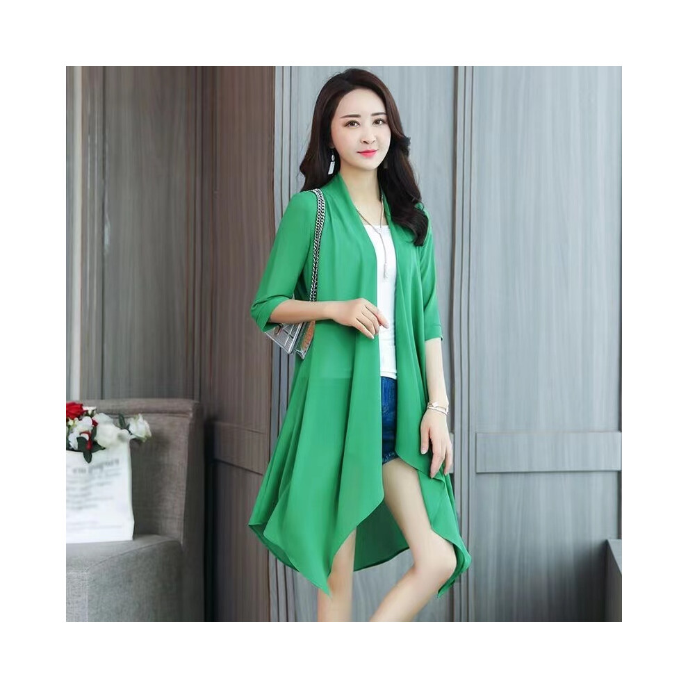 Maxpower (Green, L) Summer Chiffon Shirt, Medium Length, Ultra-Thin Coat, Sun Protection Suit, Solid Color Shawl Cardigan