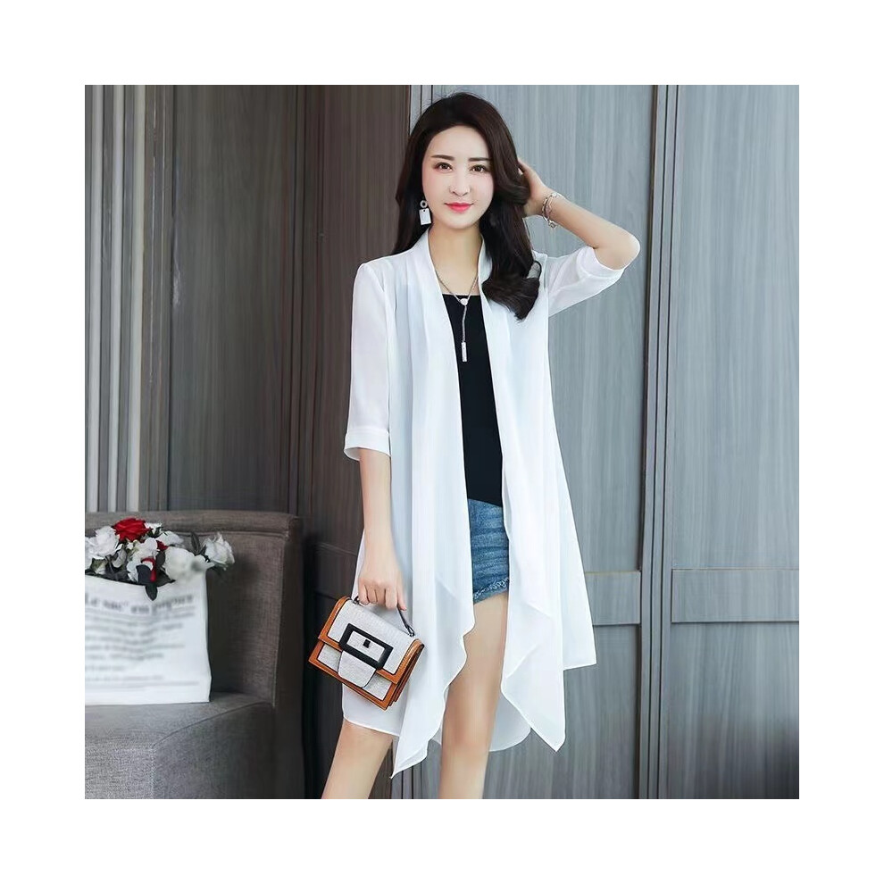 Maxpower (White, Xxxl) Summer Chiffon Shirt, Medium Length, Ultra-Thin Coat, Sun Protection Suit, Solid Color Shawl Cardigan