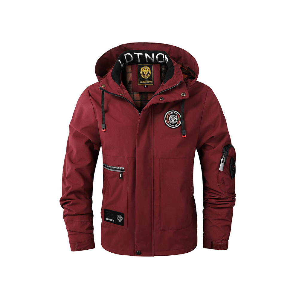 (Red  8899, Asian 2XL(75-82.5Kg)) New Men's Outdoor Waterproof Multi-Pocket Oversized Flight Jacket Casual Fashion Windbreaker Hooded Winter Coat Clothing Warmth