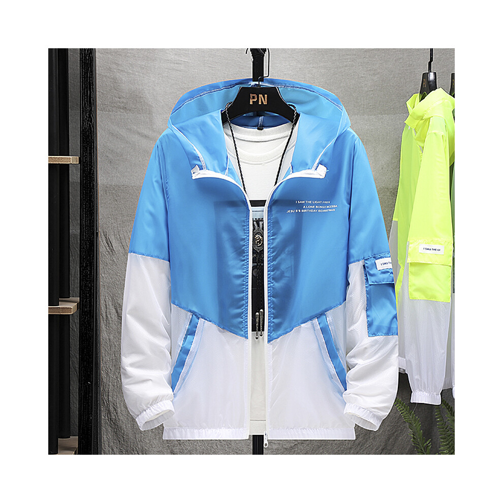 (Blue, Asia 2XL 70-77.5KG) Men's Summer UV Protection Skin Coats Thin Windbreaker Sunscreen Men Zipper Hooded Breathable Jacket Fashion Male Clothes