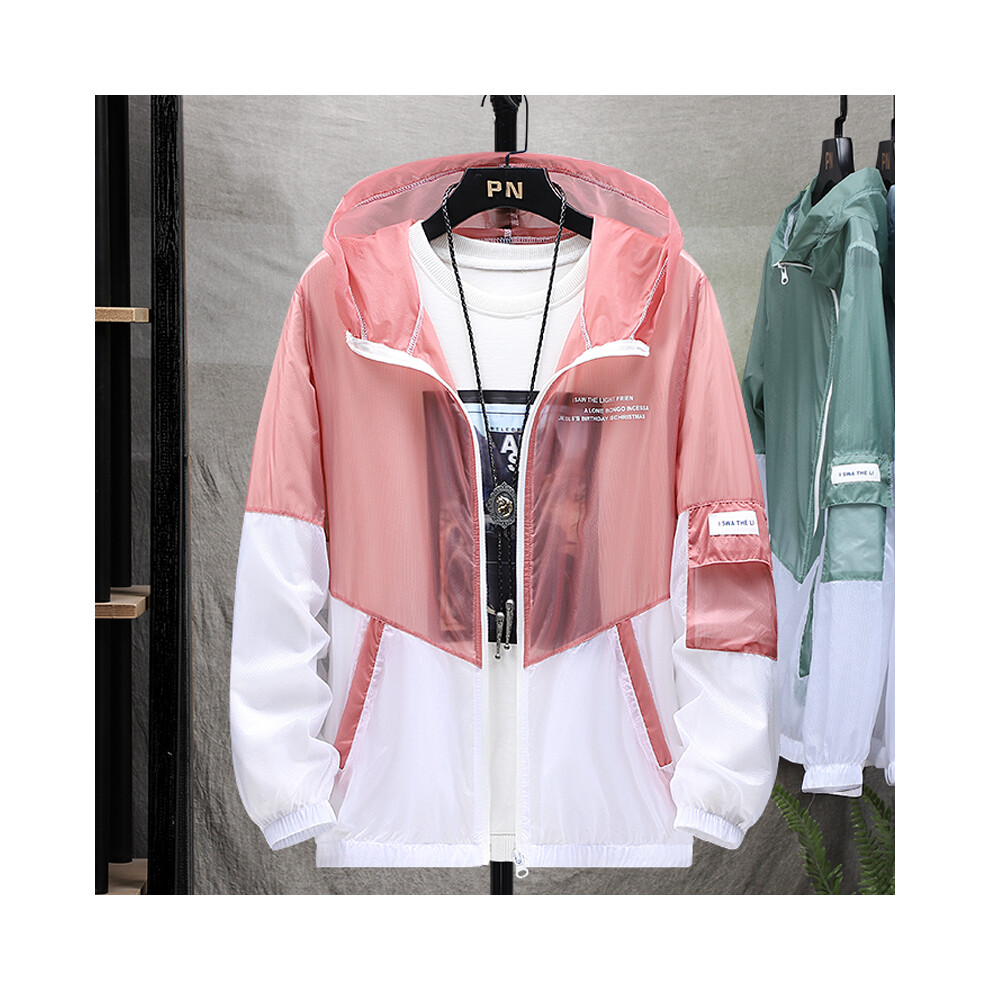 (Pink, Asia 4XL 85-95KG) Men's Summer UV Protection Skin Coats Thin Windbreaker Sunscreen Men Zipper Hooded Breathable Jacket Fashion Male Clothes