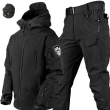 (Black Suit X7, XXL 85-95kg) Waterproof Hiking Tracksuit Set for Men Sharkskin Army Jackets Camping Coat Tactical Pants, Warm Fishing Fleece Trousers, Winter