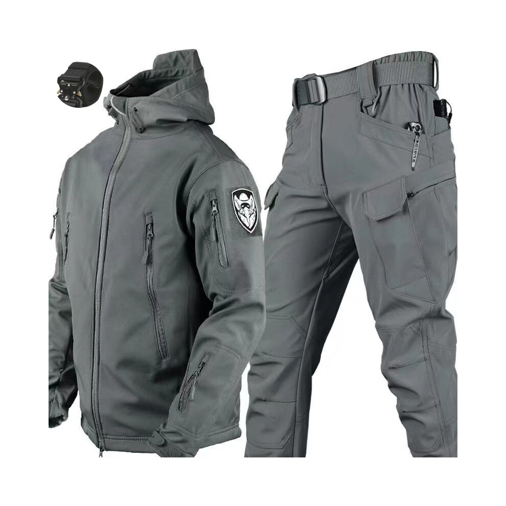 (Gray Suit X7, M 55-65kg) Waterproof Hiking Tracksuit Set for Men Sharkskin Army Jackets Camping Coat Tactical Pants, Warm Fishing Fleece Trousers, Winter