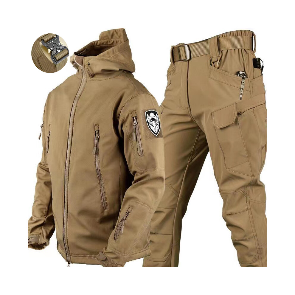 (Khaki Suit X7, XXXL 95-105kg) Waterproof Hiking Tracksuit Set for Men Sharkskin Army Jackets Camping Coat Tactical Pants, Warm Fishing Fleece Trousers, Winter