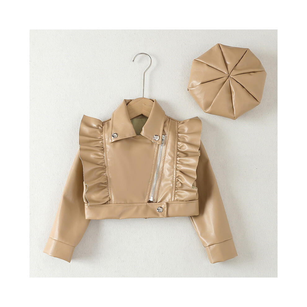 (As The Picture, 2T(Size 90)) Girls PU Coat Spring Autumn Fashion Leather Jacket +Cap 2Pcs Little Princess Waterproof Outwear Kids Clothes