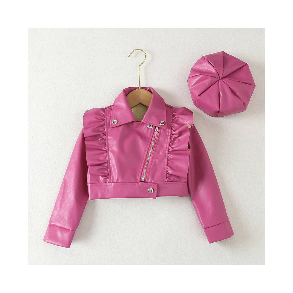 (As The Picture, 5T(Size 120)) Girls PU Coat Spring Autumn Fashion Leather Jacket +Cap 2Pcs Little Princess Waterproof Outwear Kids Clothes