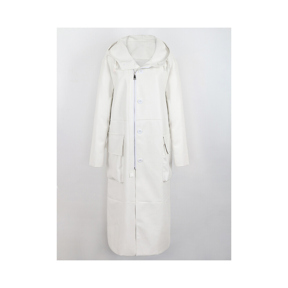 (White, 4XL) Spring Autumn Extra Long Black Loose Waterproof Windproof Soft Pu Leather Trench Coats Men with Hood Zip Up Overcoat