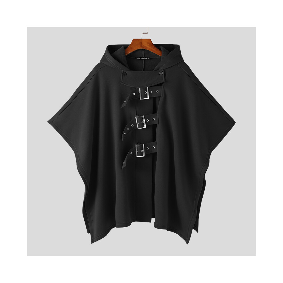 (Black, 4XL) Men Cloak Coats Solid Color Hooded Button Irregular Trench Ponchos Streetwear Loose Fashion Casual Male Cape