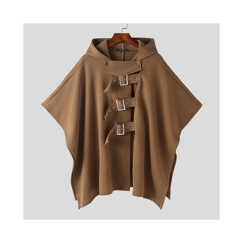 (Khaki, 5XL) Men Cloak Coats Solid Color Hooded Button Irregular Trench Ponchos Streetwear Loose Fashion Casual Male Cape