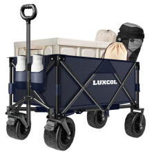LUXCOL Collapsible Folding Wagon Heavy Duty Utility Beach Wagon Cart for Sand with Big Wheels Adjustable HandleDrink Holders