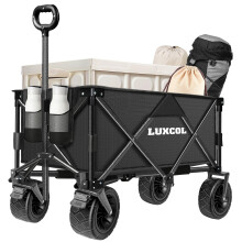 LUXCOL Collapsible Folding Wagon Heavy Duty Utility Beach Wagon Cart for Sand with Big Wheels Adjustable HandleDrink Holders