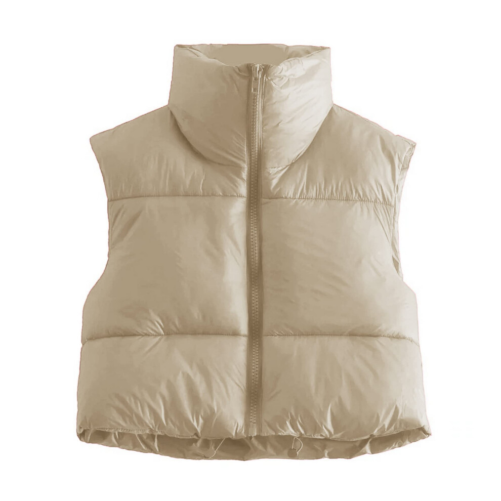 Hixiaohe Gilet d'hiver court pour femme, doudoune l   g   re, col montant, rembourr   , veste sans manches avec fermeture    clair (beige, XL)