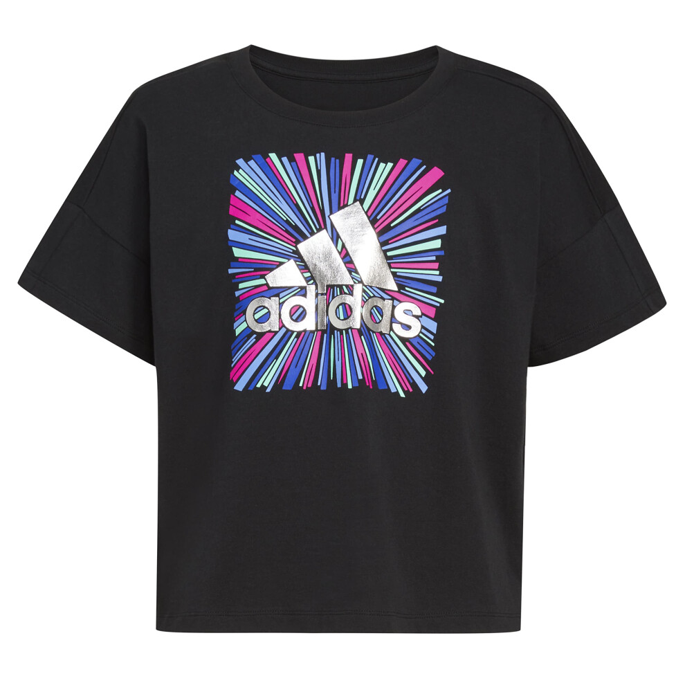 adidas Girls' Big Short Sleeve Loose Boxy Tee  Black  L (14)