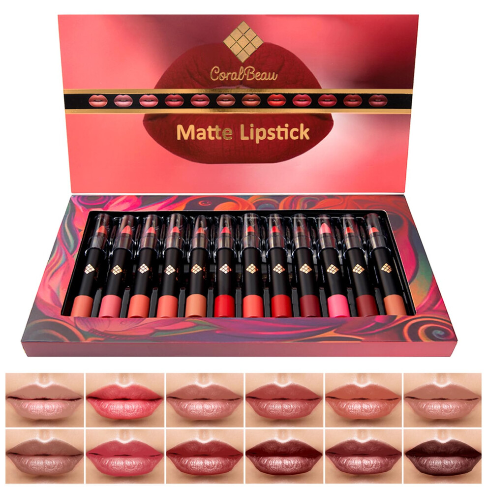 Coralbeau Pink,Red,Cream Matte Lipstick Set - 12-Piece Lip Crayon Set With Nude Pink Mauve & Red Shades - Waterproof Long-Wearing Smudge Proof Lipstick Formula Wi