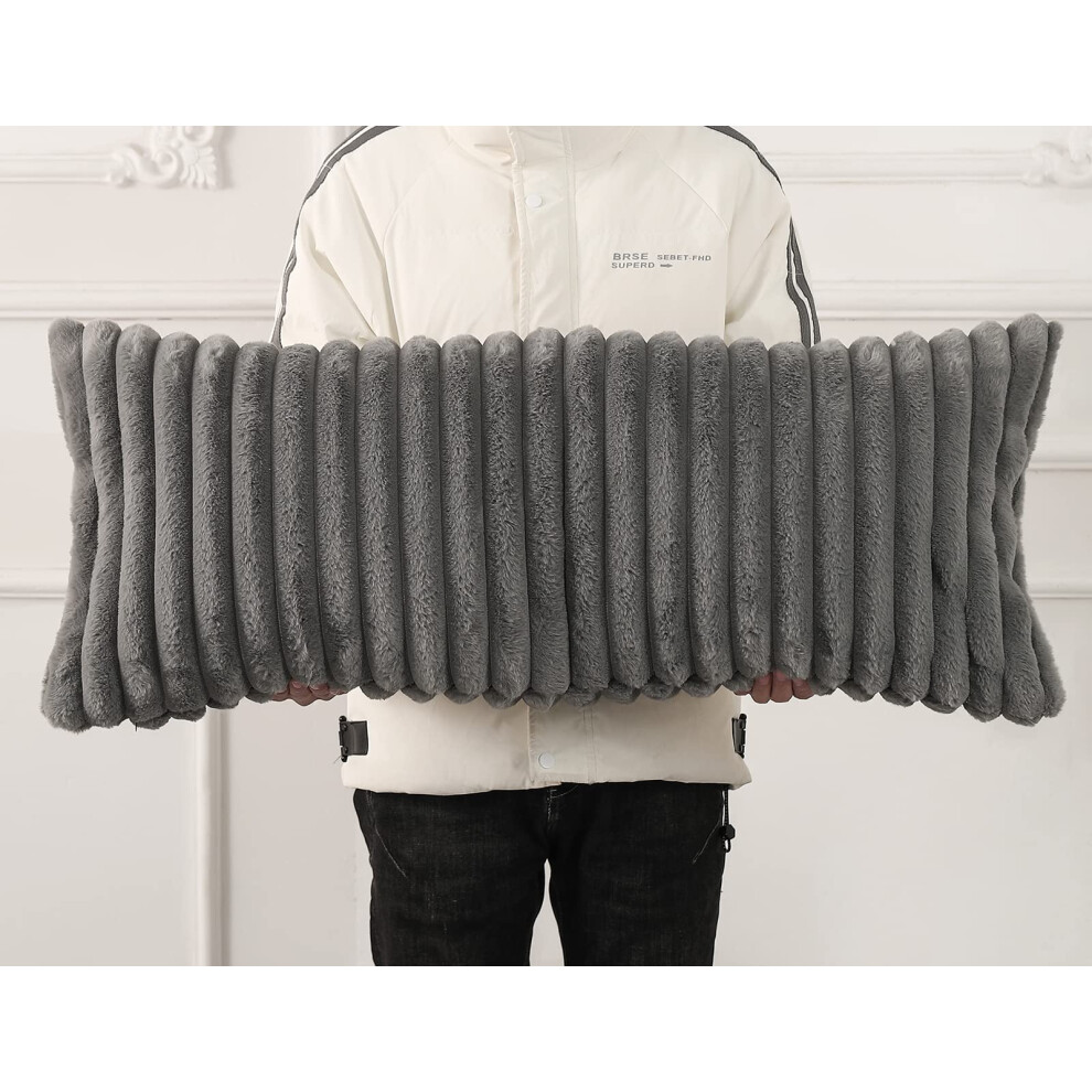 Housse de coussin d   corative en fausse fourrure PANOD 40 x 90 cm, style boh   me, pour lit, canap   , salon, gris