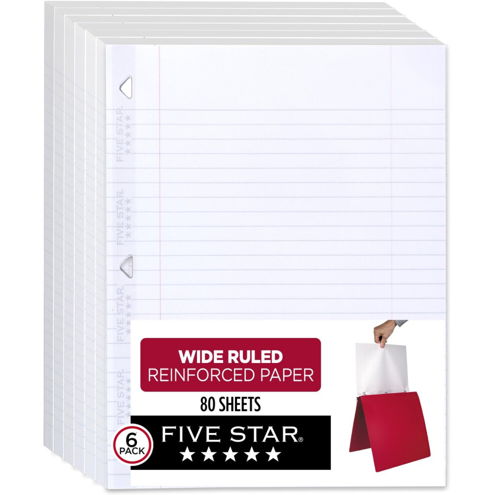 Five Star Loose Leaf Paper  6 Pack  Notebook Paper  Wide Ruled Filler Paper  Reinforced  Fights Ink Bleed  8 x 10.5  80 Sheets per Pack (150-image-OPC-PFNDXYR-NEW