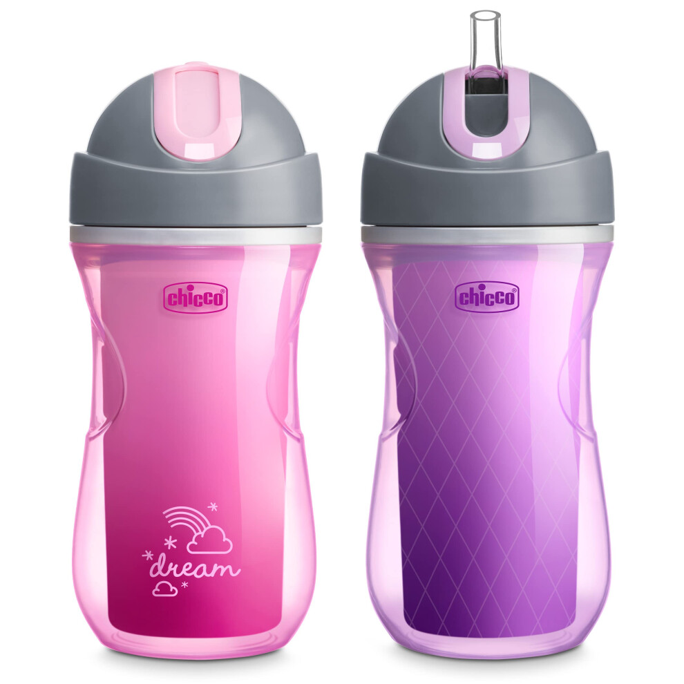 Chicco 9oz. Double-Wall Insulated Flip-Top Sippy Cup with Silicone Straw and Spill-Free Lid | Top-Rack Dishwasher Safe Easy to Hold Ergonomic Indents