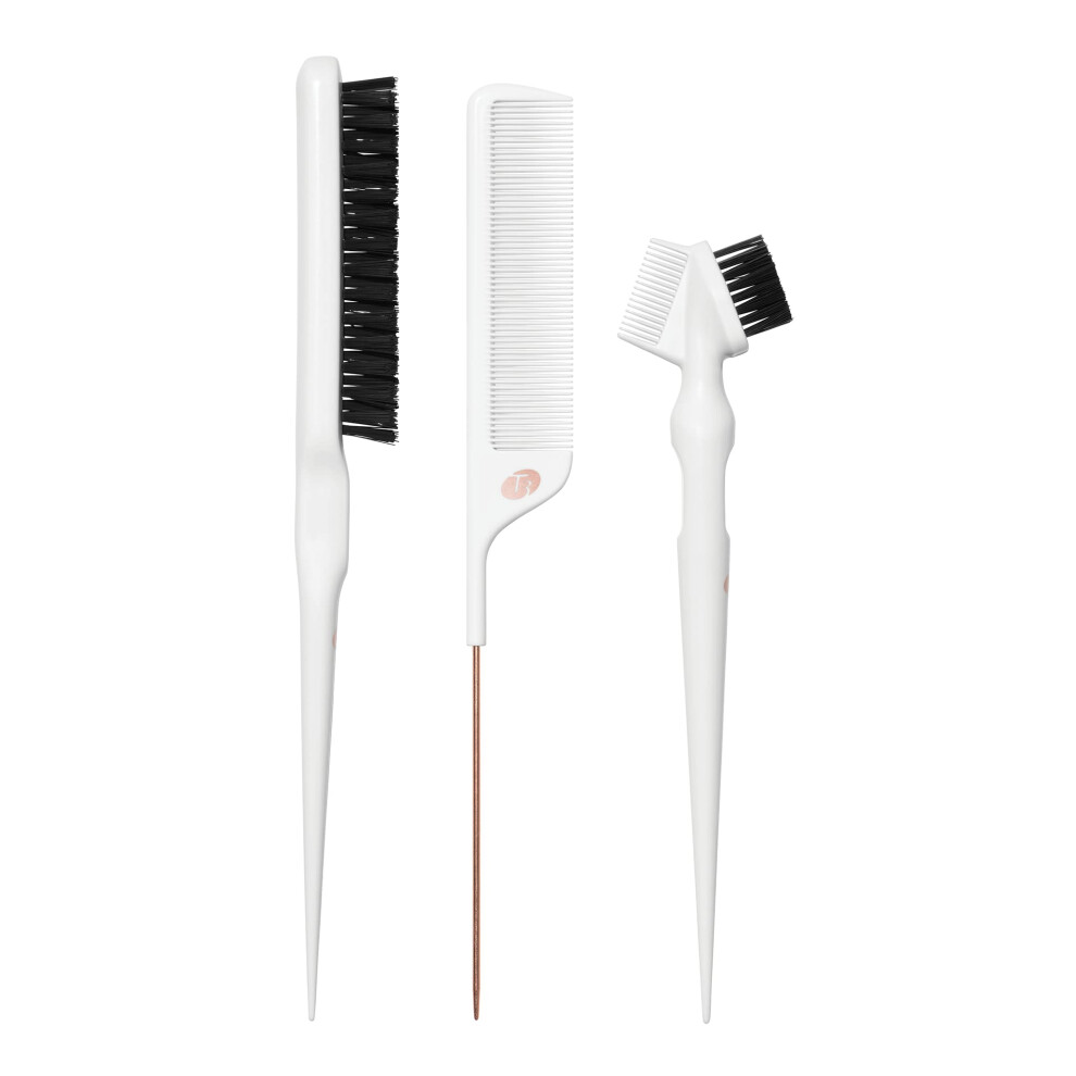 T3 Detail Set with Pintail Comb, Edge Brush, and Teasing Brush, Three-Piece Hair Brush and Comb Set with Premium Vegan Boar Bristles and Flexible Teet