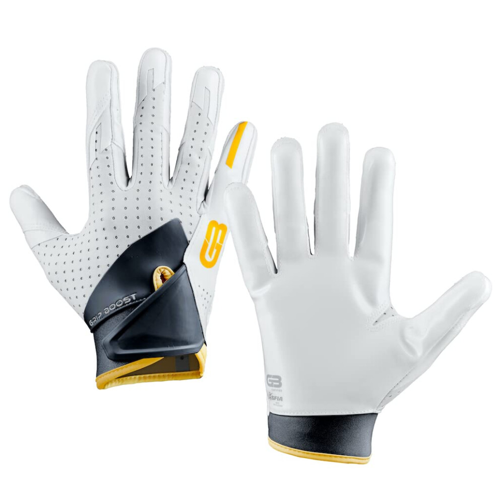 Grip Boost Stealth 5.0 Dual Color Football Gloves Mens - Adult Sizes White/Gold  Medium