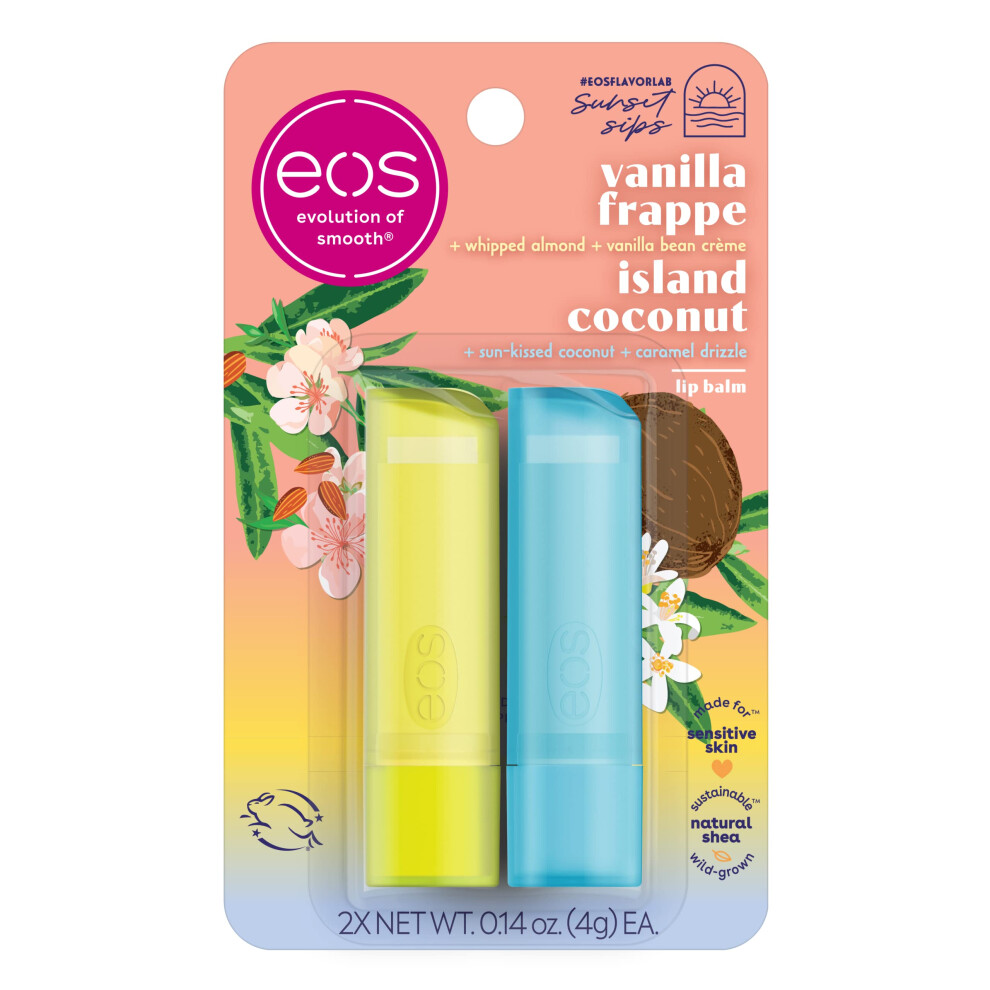 eos Sunset Sips Lip Balms Island Coconut  Vanilla Frappe  AllDay Moisture  Lip Care  014 oz  2Pack